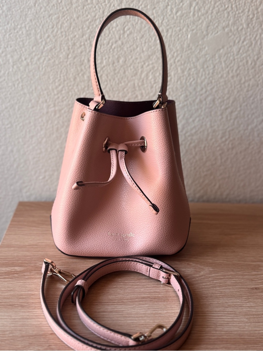 kate spade Blush Pink Pebbled Leather Drawstring Bucket Bag